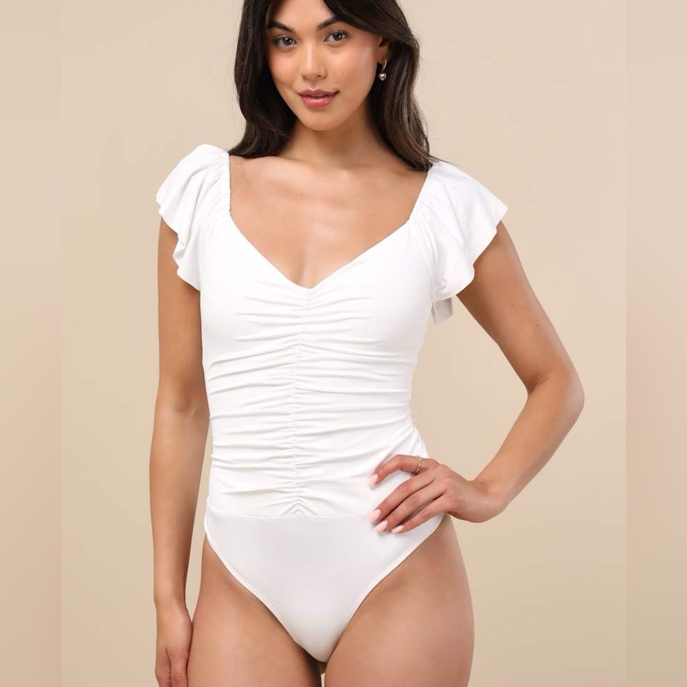 Lulu's White Ruched Bodysuit with Ruffle Sleeves - Picture 3 of 6